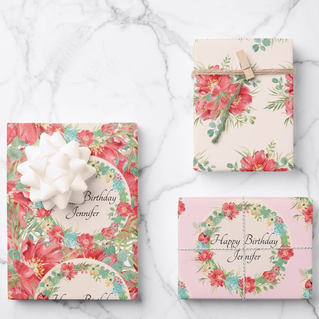 Personalize Name Flower Wreath 3 Spring Birthday Wrapping Paper Sheets (Creator Uploaded)