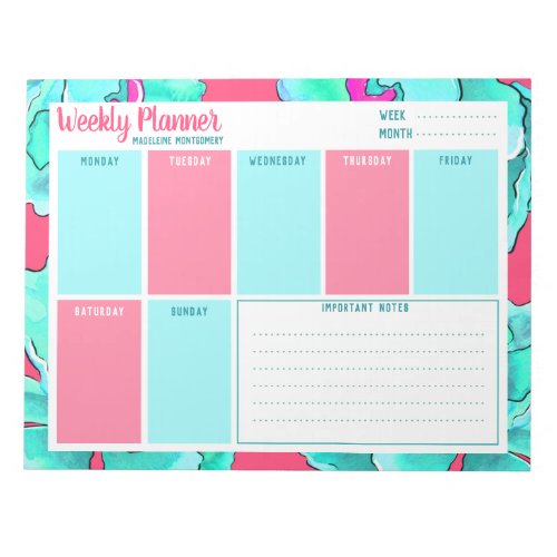 Personalize Name Fuchsia Floral Weekly Planner  Notepad