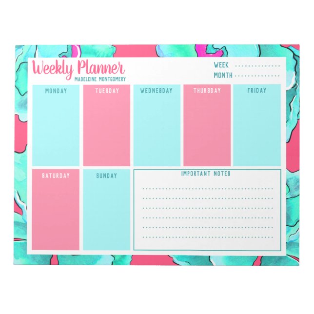 Personalize Name Fuchsia Floral Weekly Planner  Notepad (Front)