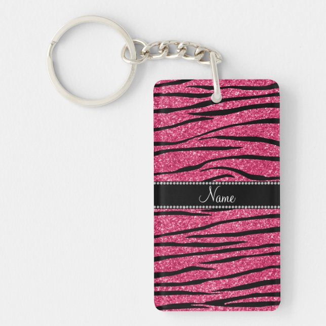 Personalize name fuchsia pink glitter zebra stripe keychain (Front)
