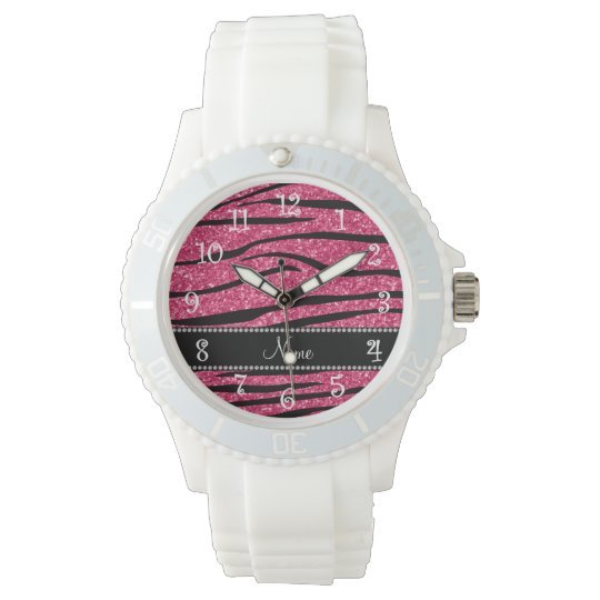 Personalize name fuchsia pink glitter zebra stripe wrist watch