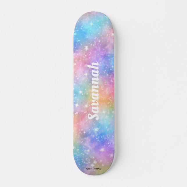 Personalize Name Galaxy Nebula Rainbow Gradient Skateboard (Front)