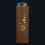 Personalize Name Gold Script Vertical, Chocolate Thermal Tumbler<br><div class="desc">Personalize your Name vertically In Gold Script Text on Chocolate background. Click “Edit Using Design Tool” to change colors and type styles.</div>