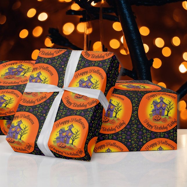 Personalize Name Halloween Pumpkin Haunted House  Wrapping Paper (Creator Uploaded)