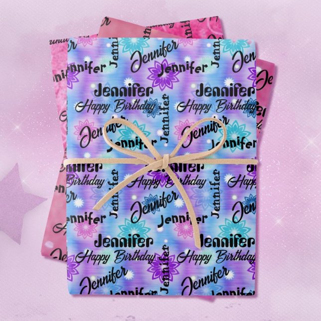 Personalize Name Happy Birthday Pink Lavender Blue Wrapping Paper Sheets (Creator Uploaded)