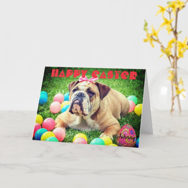 Personalize Name HAPPY EASTER Bulldog Funny Cute Card (Yellow Flower)