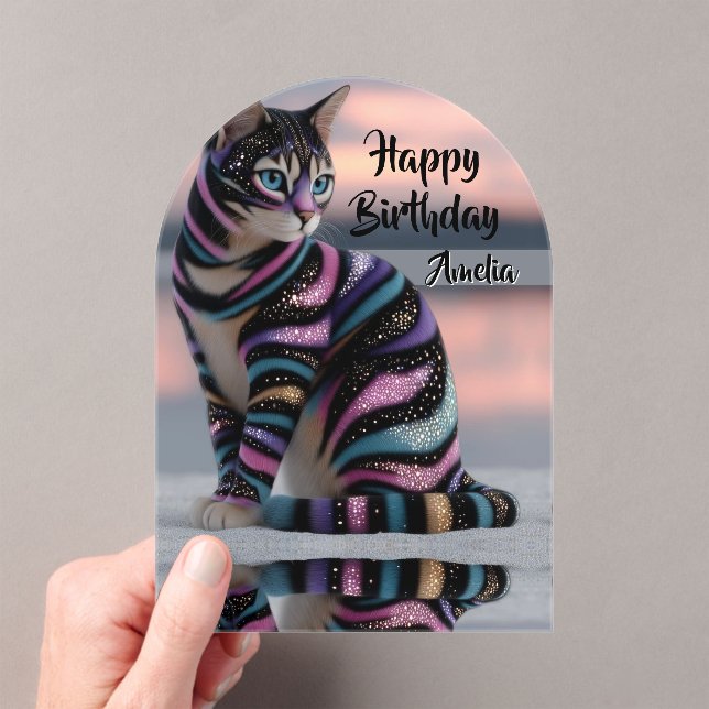 personalize name & image cat birthday acrylic invitations (Insitu (Handheld))