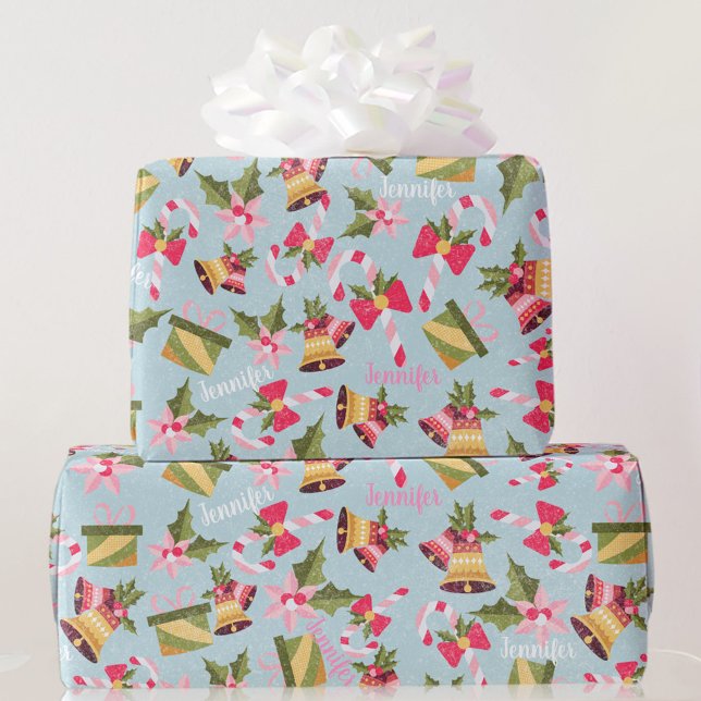 Personalize Name in Pink White Cute Christmas Gift Wrapping Paper (Creator Uploaded)