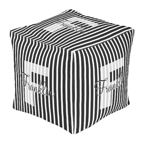 Personalize Name Initial Gray Striped Pattern Outdoor Pouf