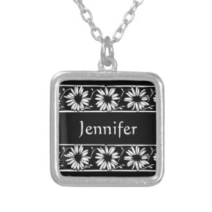 Personalize Name Initials Monogram Daisy Pattern Silver Plated Necklace