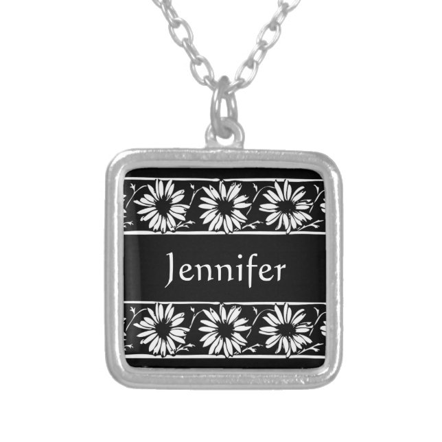 Personalize Name Initials Monogram Daisy Pattern Silver Plated Necklace (Front)