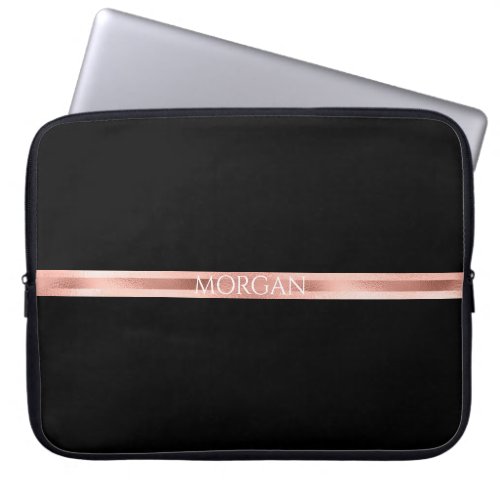 Personalize Name Initials Rose Gold Stripes Blk Laptop Sleeve