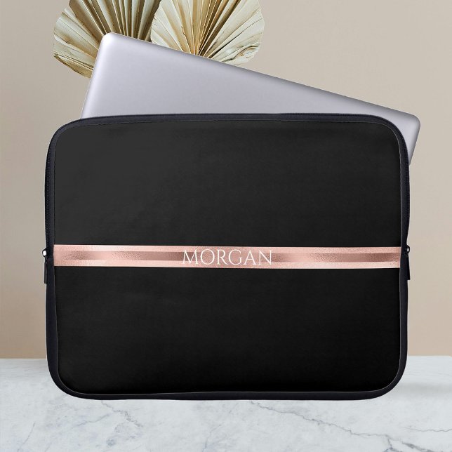 Personalize Name, Initials, Rose Gold Stripes, Blk Laptop Sleeve (Creator Uploaded)