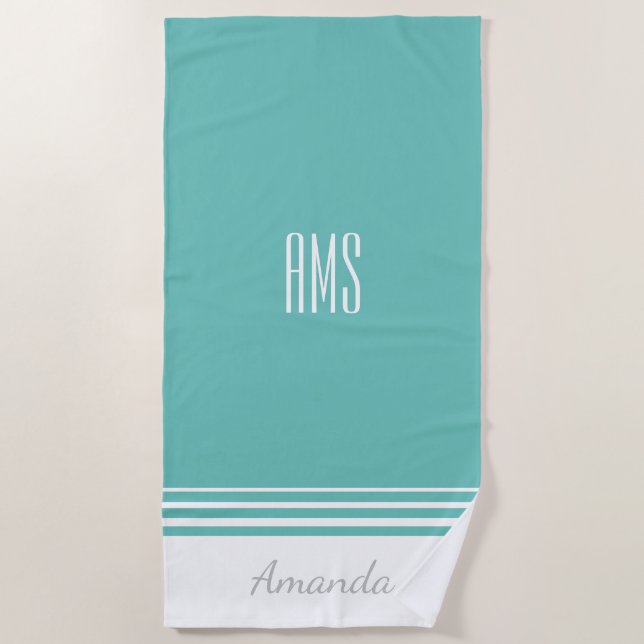 Personalize Name & Initials, Teal and White Beach Towel (Front)