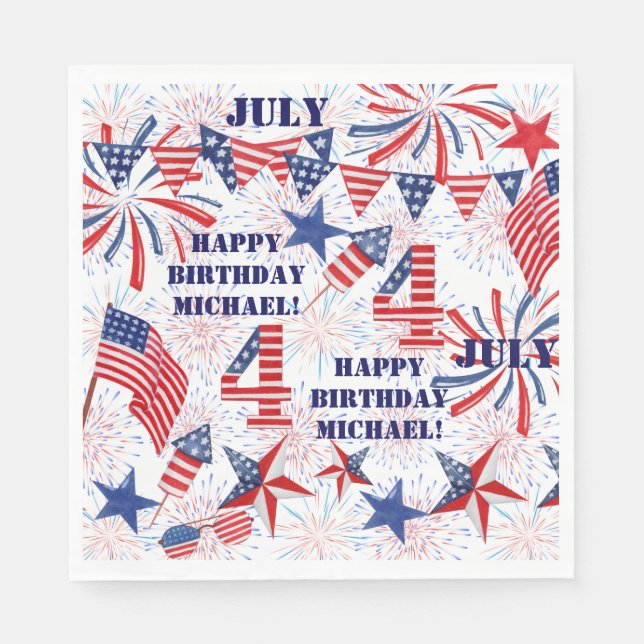 Personalize Name July Birthday Red White Blue Flag Napkins (Front)
