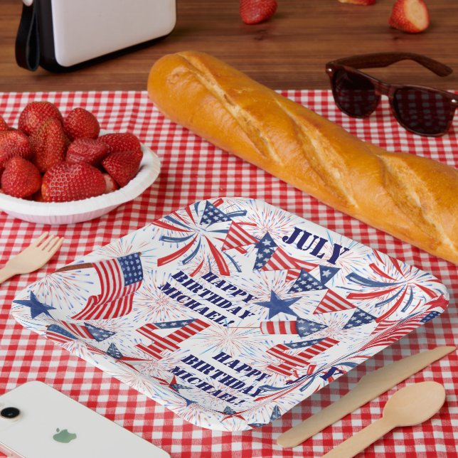Personalize Name July Birthday Red White Blue Flag Paper Plates (Picnic)