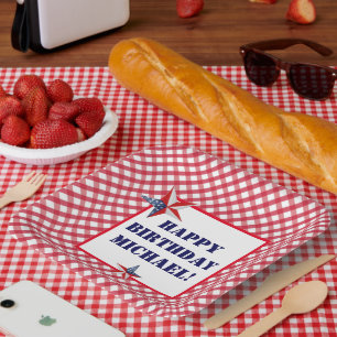 Personalize Name July Birthday Red White Blue Set Paper Plates