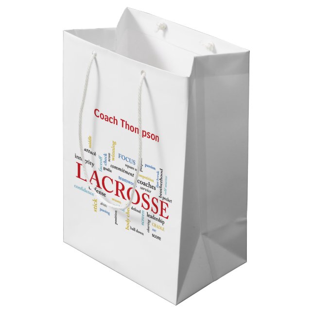 Personalize Name Lacrosse Coach Thanks Words Medium Gift Bag (Front Angled)