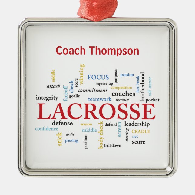 Personalize Name Lacrosse Coach Thanks Words Metal Ornament (Front)
