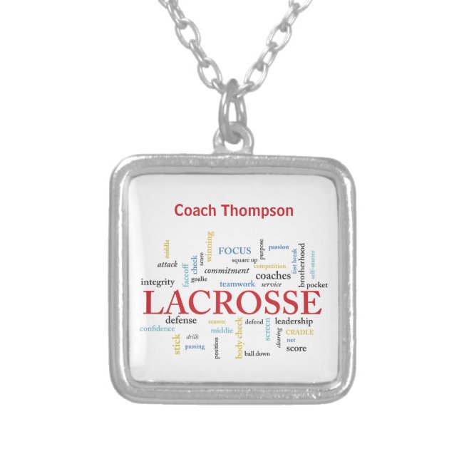 Personalize Name Lacrosse Coach Thanks Words Silver Plated Necklace (Front)