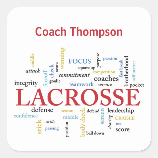 Personalize Name Lacrosse Coach Thanks Words Square Sticker (Front)