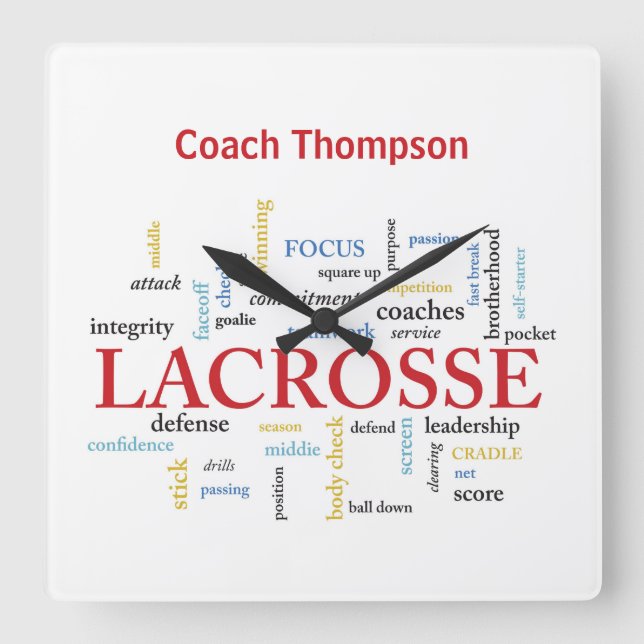 Personalize Name Lacrosse Coach Thanks Words Square Wall Clock (Front)