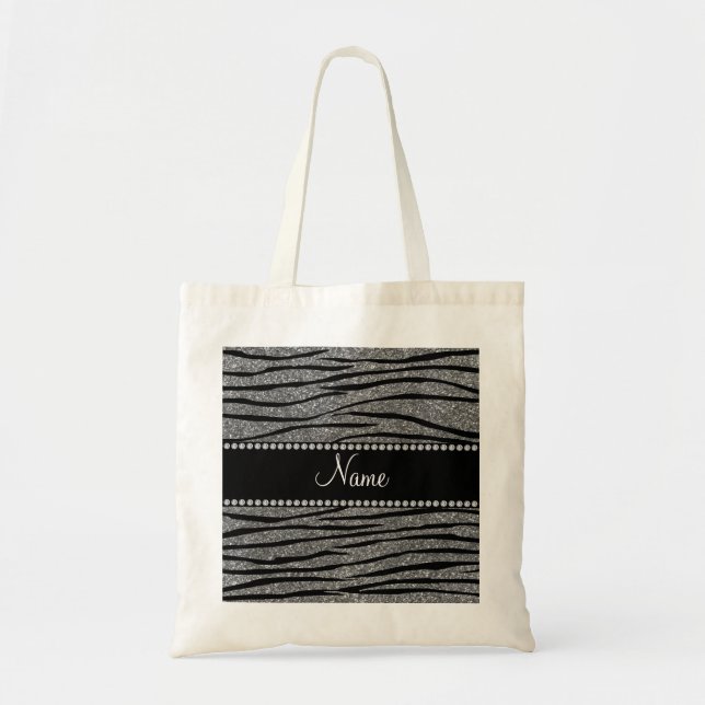 Personalize name light grey glitter zebra stripes tote bag (Front)