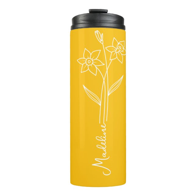 Personalize Name, March Birth Flower Yellow Thermal Tumbler (Front)