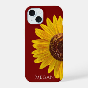 Personalize Name Maroon Red Yellow Sunflower iPhone 15 Case