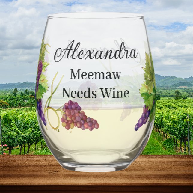 Personalize Name Meema Needs Wine  Grapes Stemless Wine Glass (Creator Uploaded)