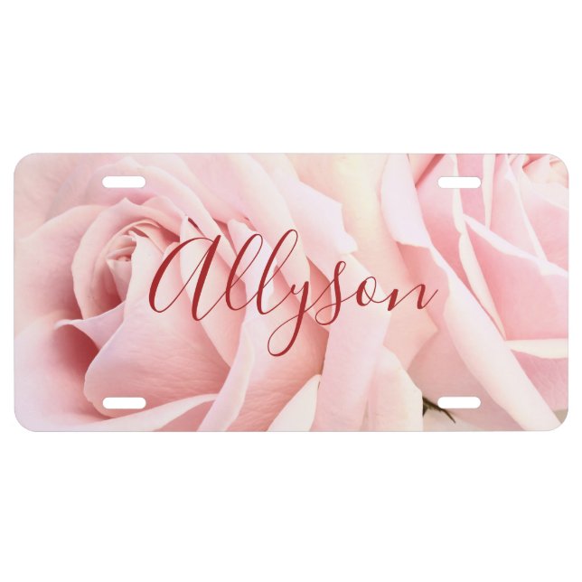 Personalize Name/Message & Photo, Pale Pink Roses License Plate (Front)