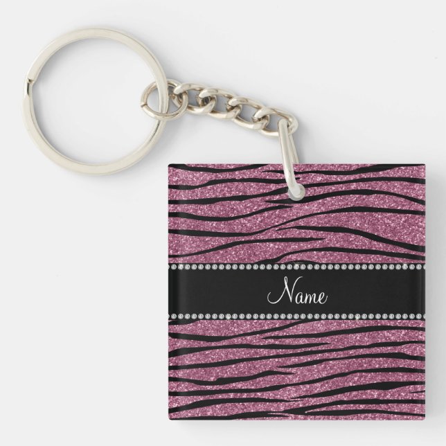 Personalize name misty pink glitter zebra stripes keychain (Front)