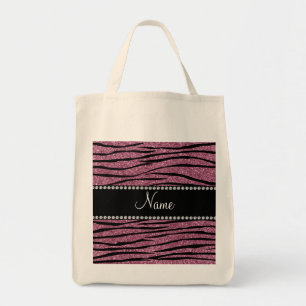 Personalize name misty pink glitter zebra stripes tote bag