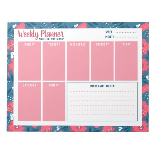 Personalize Name Modern Floral Blue Weekly Planner Notepad