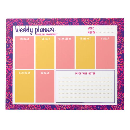 Personalize Name Modern Floral Weekly Planner  Notepad