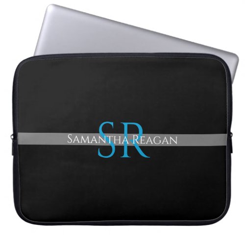 Personalize Name  Monogram BlueWhite Grey Stripe Laptop Sleeve