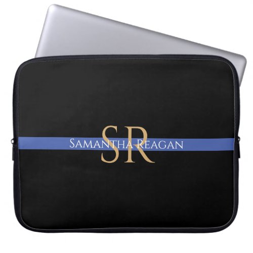 Personalize Name  Monogram GoldWhite Blue Stripe Laptop Sleeve