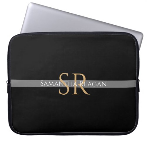 Personalize Name  Monogram GoldWhite Gray Stripe Laptop Sleeve