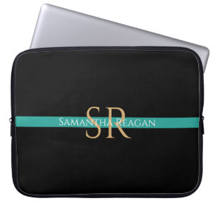 Personalize Name & Monogram Gold/White Teal Stripe Laptop Sleeve