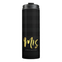 Personalize Name Mrs Faux Gold and Black Stripes Thermal Tumbler