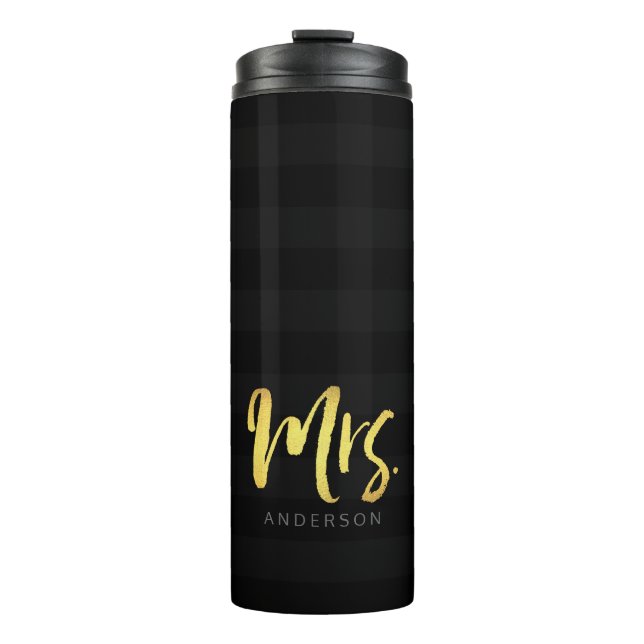 Personalize Name Mrs Faux Gold and Black Stripes Thermal Tumbler (Front)
