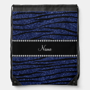 Personalize name navy blue glitter zebra stripes drawstring bag