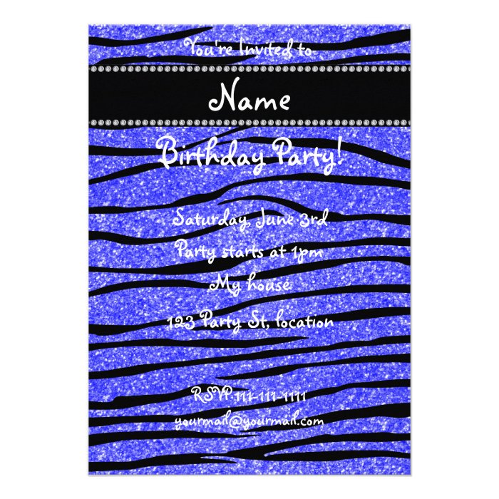 Personalize name neon blue glitter zebra stripes custom invitations