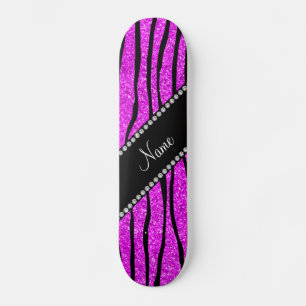 Personalize name neon pink glitter zebra stripes skateboard deck
