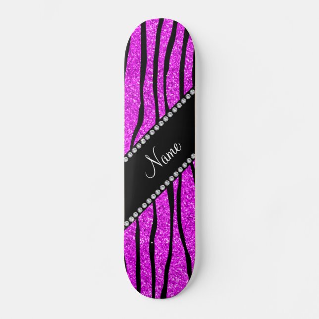 Personalize name neon pink glitter zebra stripes skateboard deck (Front)