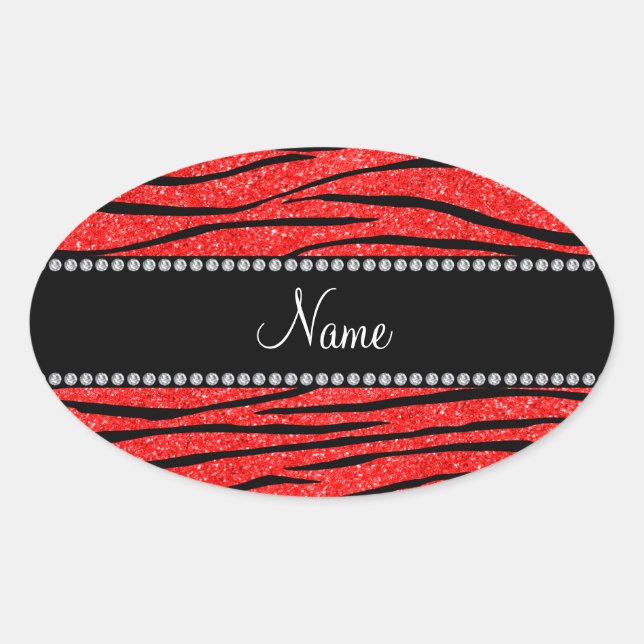 Personalize name neon red glitter zebra stripes oval sticker (Front)