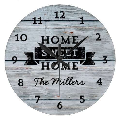Personalize Name Pale Wood Rustic Home Sweet Home Large Clock