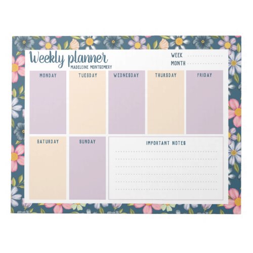 Personalize Name Pastel Floral Blue Weekly Planner Notepad
