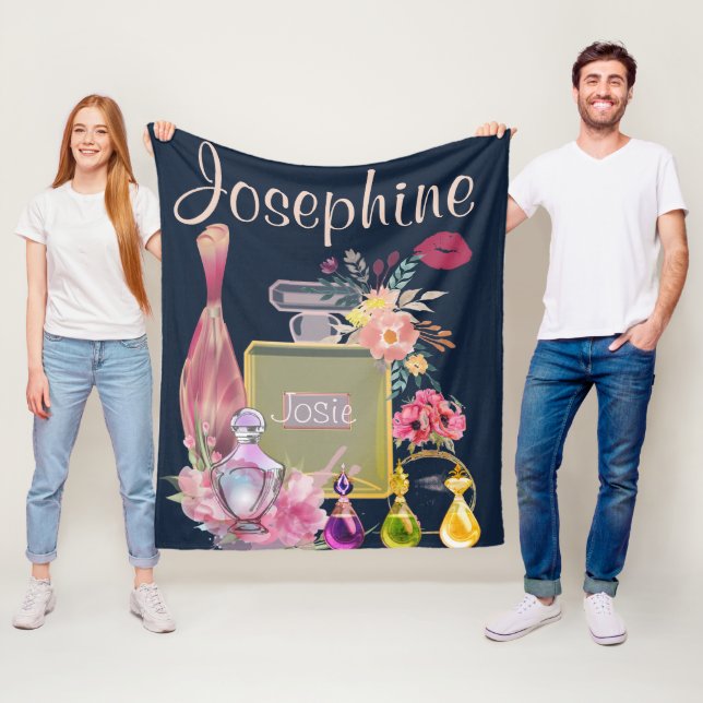 Personalize Name Perfume Bottles Pink Floral Fleece Blanket (In Situ)