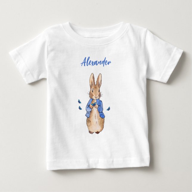 Personalize Name Peter the Rabbit blue butterflies Baby T-Shirt (Front)